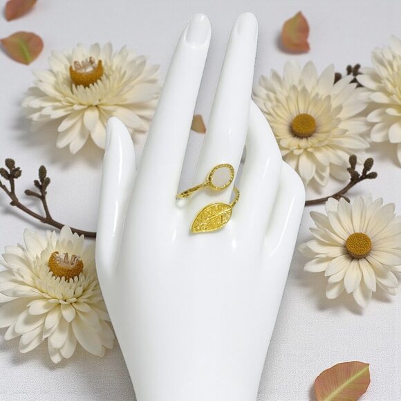 🆕️Boho Chic Turkish Adjustable Leaf Ring 18K Gold Plated Brass Pearl Accent - Picture 14 of 14